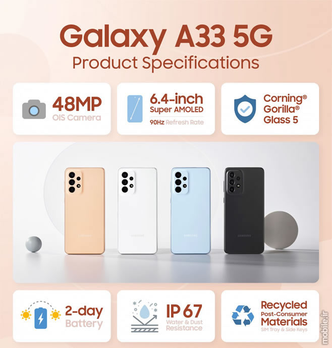 گوشی موبایل Samsung Galaxy A33 5G با ظرفیت 256 گیگ و رم 8 گیگ