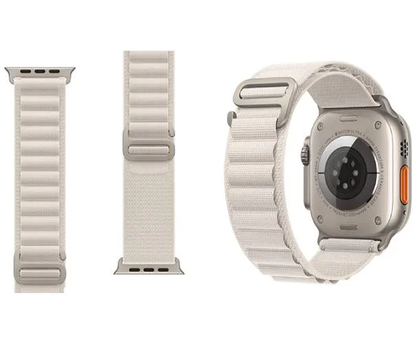 همه‌ی نمای ساعت هوشمند Apple Watch Ultra با بند استارلایت لوپ آلپاین