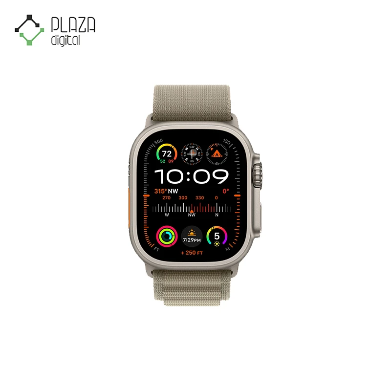 نمای رو به رو زیتونی ساعت هوشمند apple watch ultra با بند نیلی لوپ آلپاین ا 49 میلی‌متر