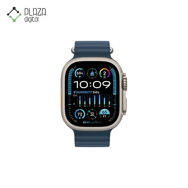 نمای رو به رو ساعت هوشمند apple watch ultra با بند آبی اوشن ا 49 میلی‌متر