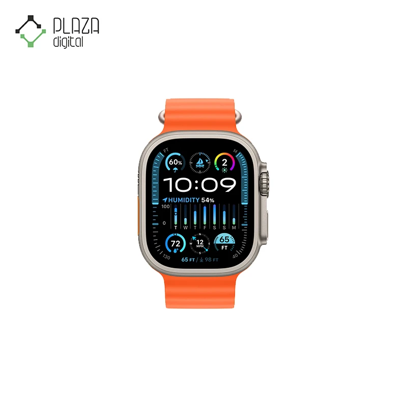 نمای رو به رو ساعت هوشمند apple watch ultra با بند نارنجی اوشن ا 49 میلی‌متر