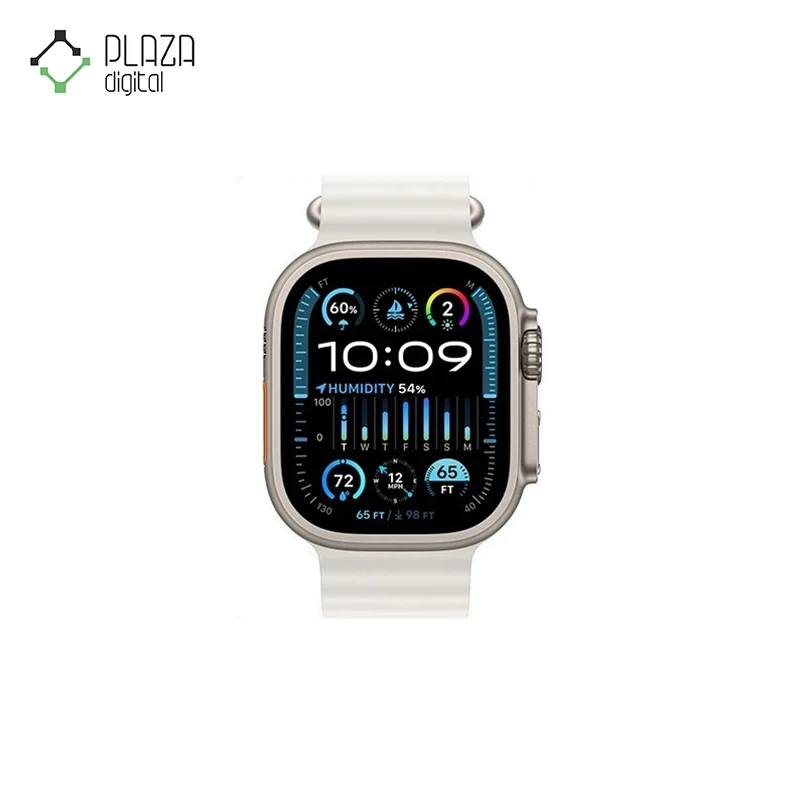 نمای رو به رو ساعت هوشمند apple watch ultra با بند سفید اوشن ا 49 میلی‌متر