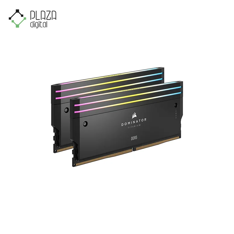 نمای کلی رم دسکتاپ ddr5 دو کاناله 6000 مگاهرتز cl30 کورسیر مدل dominator titanium rgb ظرفیت 32 گیگابایت