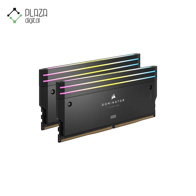 نمای کلی رم دسکتاپ ddr5 دو کاناله 6400 مگاهرتز cl32 کورسیر مدل dominator titanium rgb ظرفیت 32 گیگابایت