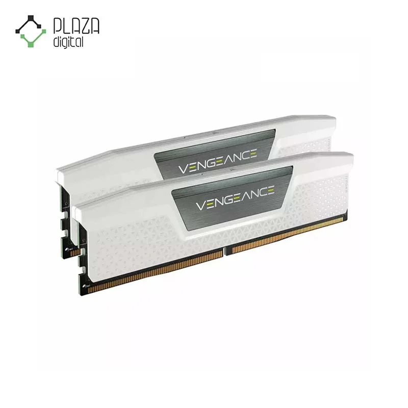 نمای سمت چپ رم دسکتاپ DDR5 تک کاناله 5200 مگاهرتز نمای رو به رو کورسیر CL40 مدل Vengeance White ظرفیت 32 گیگابایت