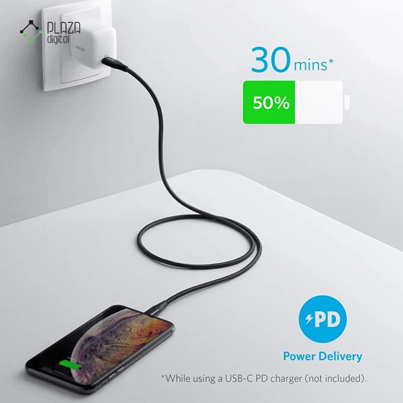 کابل تبدیل USB-C به لایتنینگ انکر PowerLine+ II مدل A8653 طول 180 سانتی متر مشکی پلازا دیجیتال