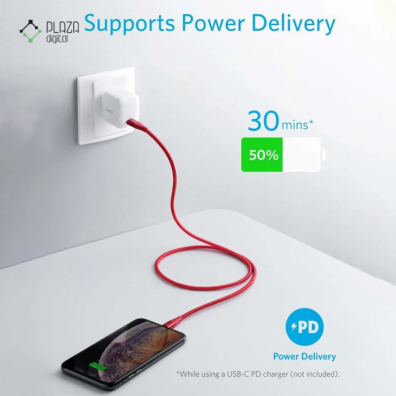 کابل تبدیل USB-C به لایتنینگ انکر PowerLine+ II مدل A8653 طول 180 سانتی متر قرمز پلازا دیجیتال