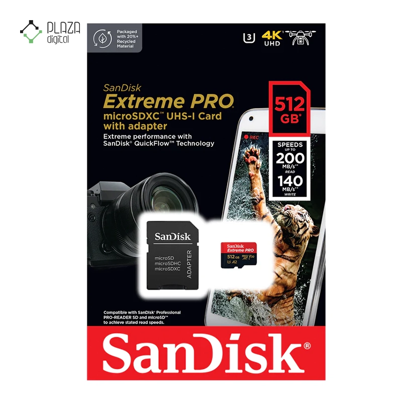 کارت حافظه microSDXC سن دیسک مدل Extreme Pro کلاس V30 استاندارد UHS-I سرعت 200MBps ظرفیت 512 گیگابایت پلازا دیجیتال