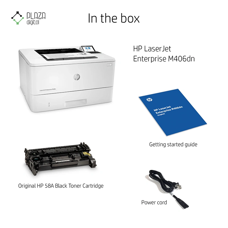 محتویات جعبه پرینتر تک کاره لیزری اچ پی مدل LaserJet Enterprise M406dn پلازا دیجیتال