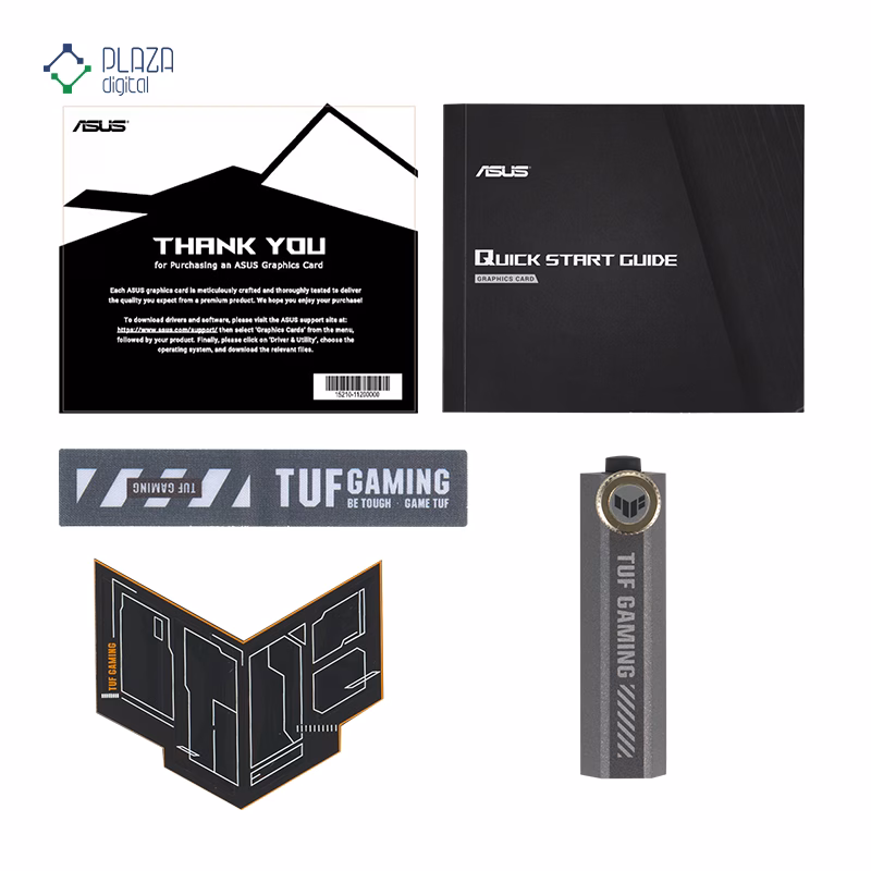 محتویات جعبه کارت گرافیک ایسوس مدل TUF Gaming Radeon RX 9070 XT 16GB GDDR6 OC Edition حافظه 16 گیگابایت پلازا دیجیتال