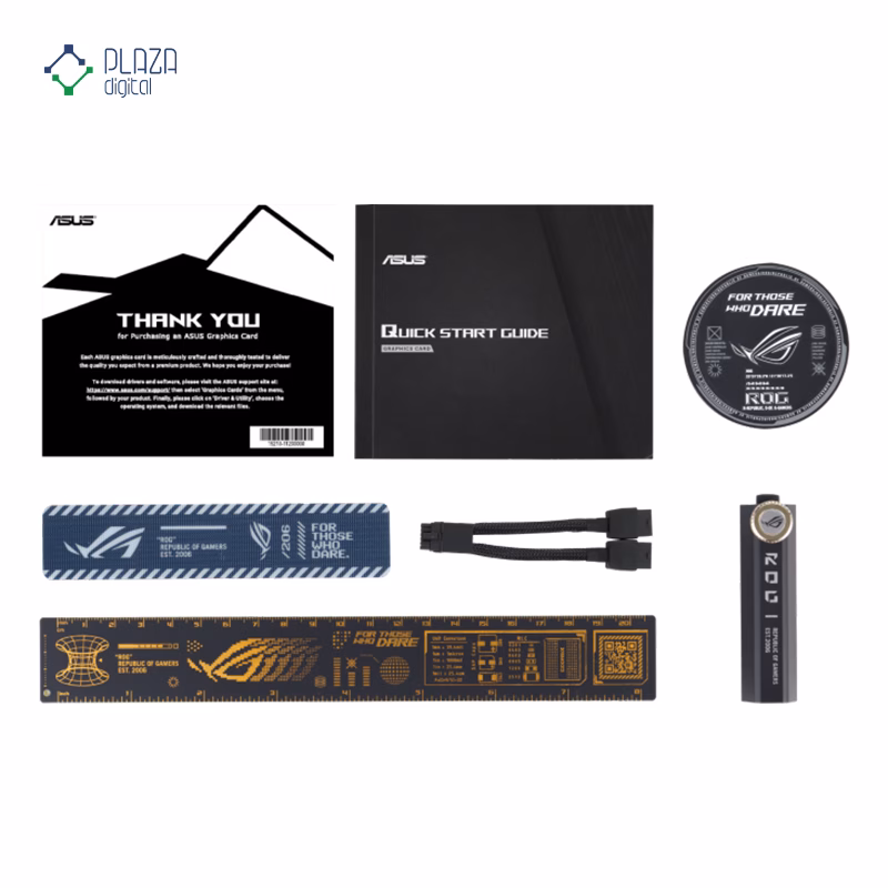 محتویات جعبه کارت گرافیک ایسوس مدل ROG Strix GeForce RTX 5070 12GB GDDR7 OC Edition حافظه 12 گیگابایت پلازا دیجیتال