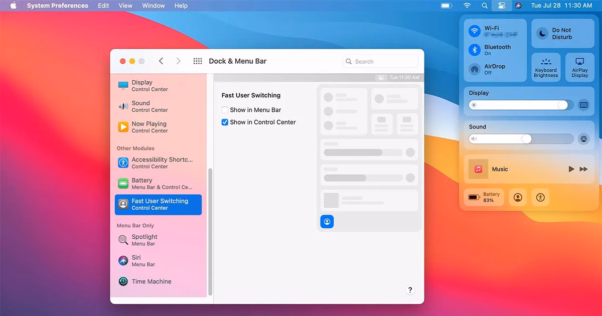 تنظیم از طریق مرکز کنترل (Control Center)