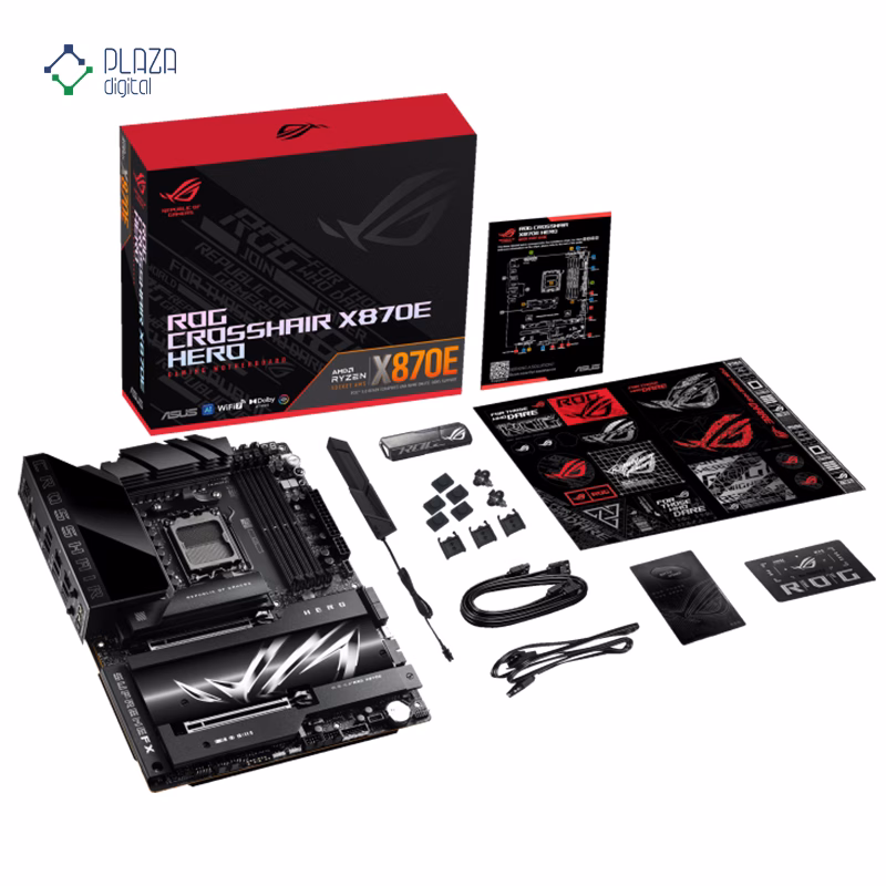 محتویات جعبه مادربرد ایسوس مدل ROG CROSSHAIR X870E HERO D5 پلازا دیجیتال