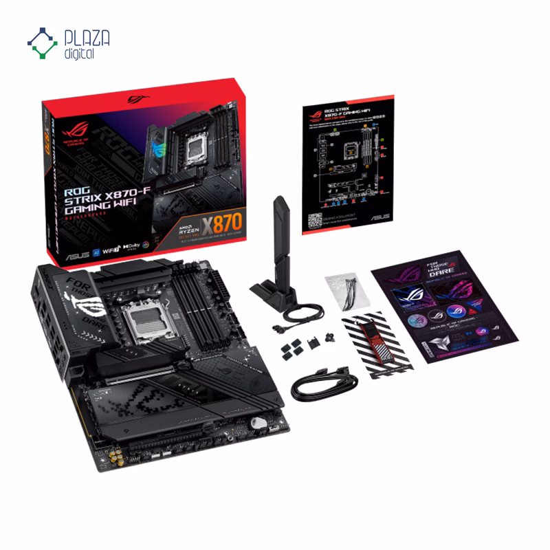 محتویات جعبه مادربرد ایسوس مدل ROG STRIX X870-F GAMING WIFI D5 پلازا دیجیتال