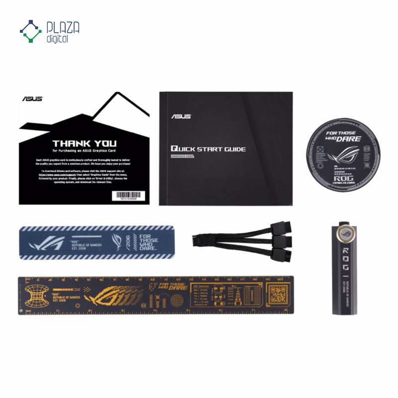 محتویات جعبه کارت گرافیک ایسوس مدل ROG Strix GeForce RTX 5070 Ti 16GB GDDR7 OC Edition حافظه 16 گیگابایت پلازا دیجیتال