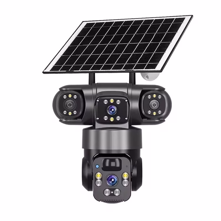 دوربین مداربسته تحت شبکه فضای باز خورشیدی سه لنز با اتصال 4G، چرخش 360 درجه، دید در شب رنگی، تشخیص حرکت، مکالمه دوطرفه، استاندارد IP66، شارژ با پنل خورشیدی و نگهداری شارژ تا 7 روز