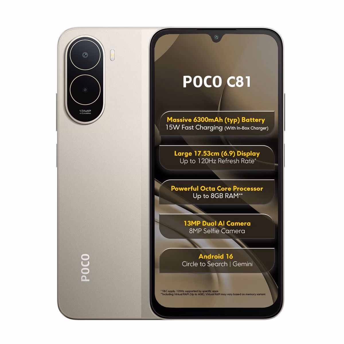 گوشی موبایل پوکو مدل Poco C81 4G ظرفیت 64 گیگابایت رم 4 گیگابایت طلایی پلازا دیجیتال