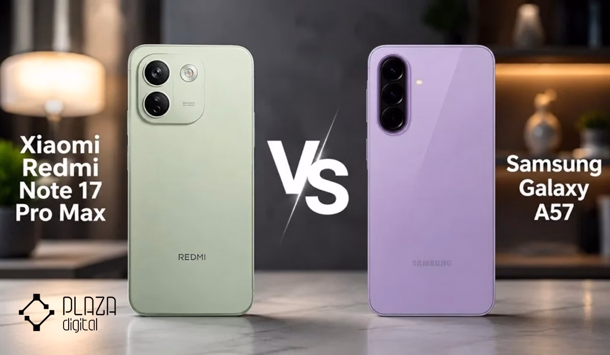مقایسه گلکسی A57 با ردمی نوت 17 پرو مکس 10 تصویری از دو گوشی سامسونگ Galaxy A57 و شیائومی Redmi Note 17 Pro Max کنار هم روی میز